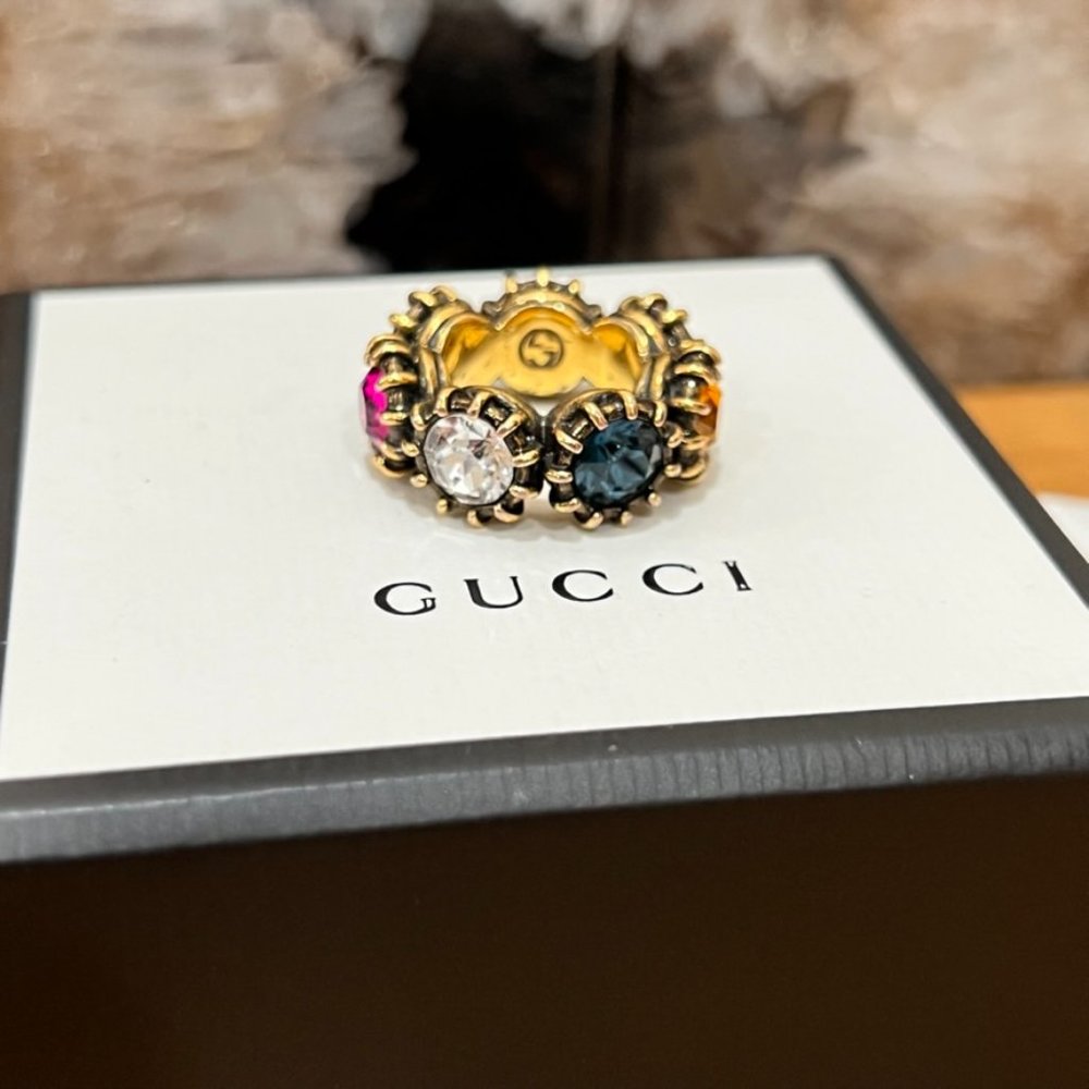 Gucci Aged Gold Tiger Head Multicolor Stones Infinity Stones Thanos Ring - Picture 4 of 15
